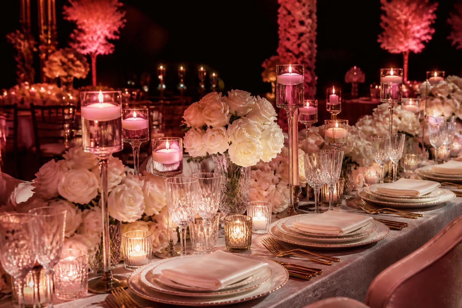 Elegant simcha table set with roses and candlelight under pink light